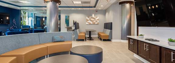 Sitting area with pillars, and tables