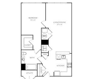 A floor plan for an apartment at the Houston, showing a bedroom, living room, kitchen, bathroom, closet, and utility.