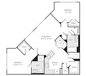 A floor plan for a 2 bedroom, 2 bath apartment at the Greenwich.