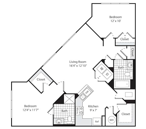 A floor plan for a 2 bedroom, 2 bath apartment at the Greenwich.