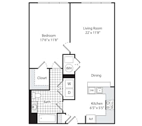 A floor plan for a property called The Hudson shows a bedroom, a living room, a dining room, a kitchen, and a bathroom.
