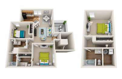 A 3D floor plan of a two-bedroom apartment with a living room, kitchen, and bathroom.