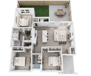 A top down view of a house layout with a living room, dining room, kitchen, and two bedrooms.