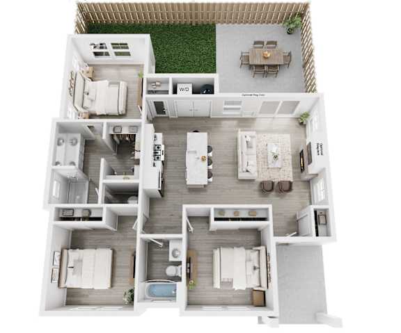 A top down view of a house layout with a living room, dining room, kitchen, and two bedrooms.