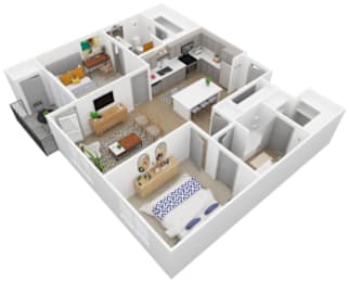 A 3D floor plan of a house with multiple rooms.