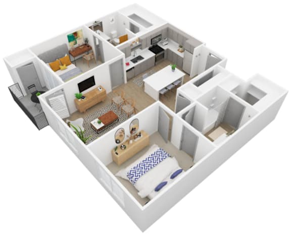Floor Plan  A 3D floor plan of a house with multiple rooms.