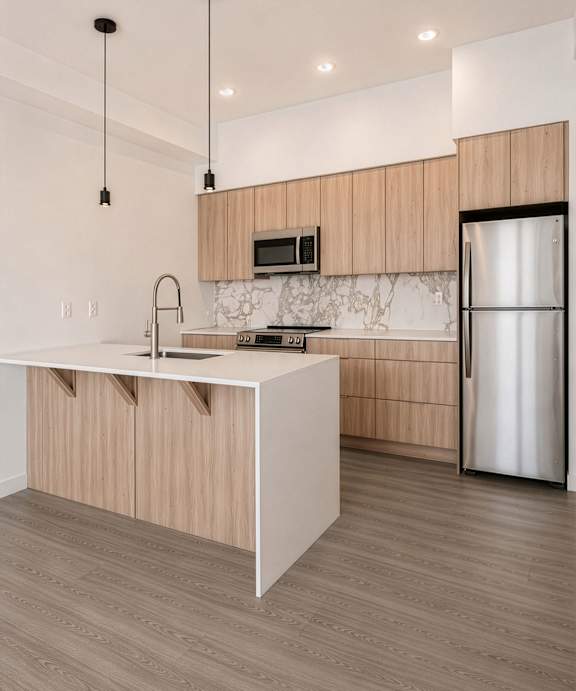 A kitchen with wooden cabinets and a black microwave.