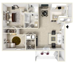 2 Bed, 2 Bath Floorplan | 987 Sq. Ft. at The Vineyard of Olive Branch Apartment Homes, Olive Branch, Mississippi