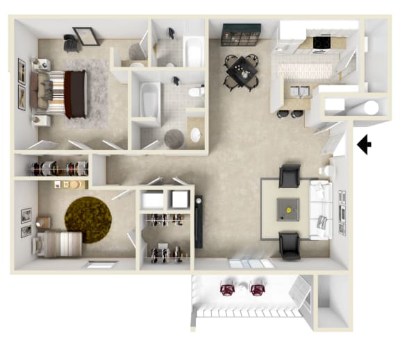 Floor Plan  2 Bed, 2 Bath Floorplan | 987 Sq. Ft. at The Vineyard of Olive Branch Apartment Homes, Olive Branch, Mississippi