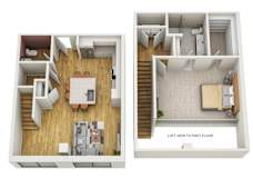A floor plan of a one bedroom apartment with a loft view to the first floor.
