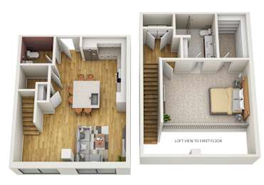 A floor plan of a one bedroom apartment with a loft view to the first floor.