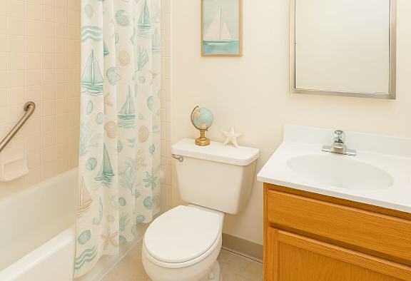 A bathroom with a white toilet, a white sink, and a shower curtain with sailboats on it.