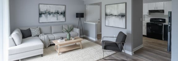 A living room with a blue couch, a grey couch, a coffee table, and a television.