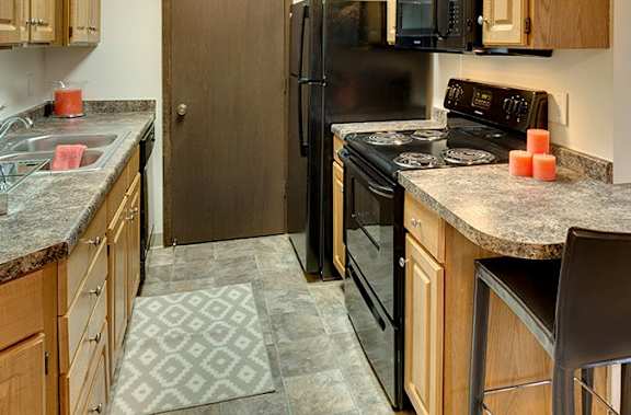 A kitchen with a black refrigerator and a black stove top oven.