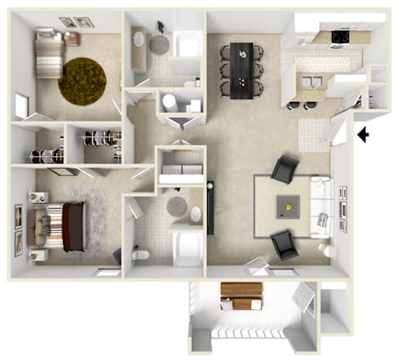 Floor Plan  2 Bed 2 Bath Floor Plan | 1,186 Sq. Ft. at Canebrake Apartment Homes in Shreveport, LA