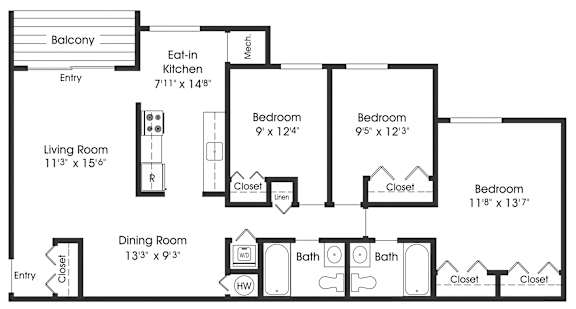 3BR 2BA_1033sf at The Apartments at The Sycamores, Reston, Virginia