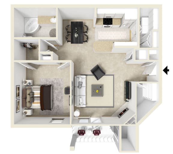 One bedroom floor plan for rent | 967 Sq. Ft. at Parkwest Apartment Homes in Hattiesburg, MS