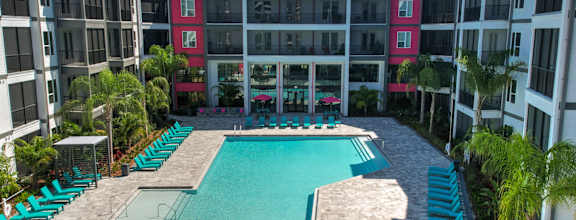 Aerial view of pool at Pinnacle Apartments, Jacksonville, FL, 32256