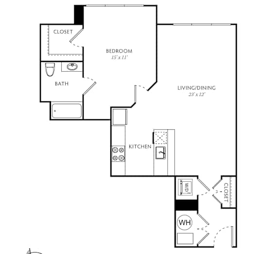 A floor plan for an apartment at the Warren, showing a bedroom, bathroom, living/dining area, and kitchen.