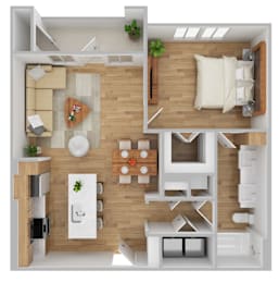 A top-down view of a modern apartment layout with a kitchen, living room, and bedroom.