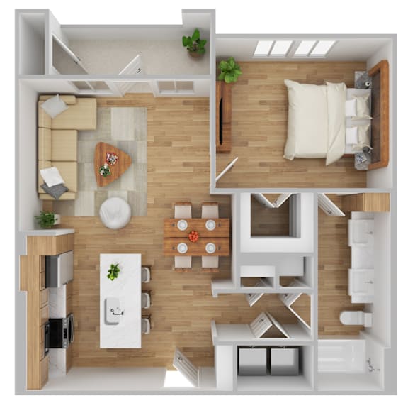 A top-down view of a modern apartment layout with a kitchen, living room, and bedroom.