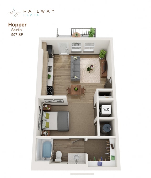 Hopper Floor Plan - Studio 595 Sq. Ft. at Railway Flats Apartments, Colorado