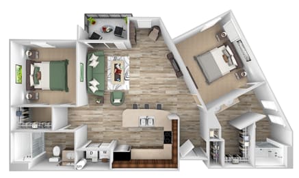 ABQ Uptown Apartments - B6 - 2 bedroom and 2 bath - 3D floor plan