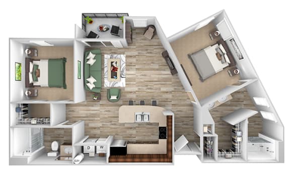 ABQ Uptown Apartments - B6 - 2 bedroom and 2 bath - 3D floor plan