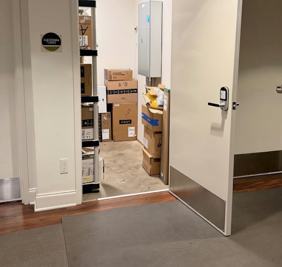 A room with a white door and boxes in the background.