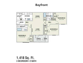 A floor plan for a 1,418 square foot home with three bedrooms and two bathrooms.