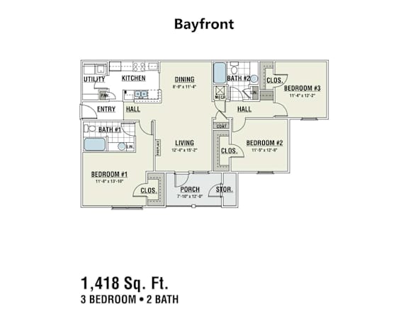 A floor plan for a 1,418 square foot home with three bedrooms and two bathrooms.