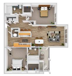 A floor plan of a house with a living room, kitchen, and bathroom.