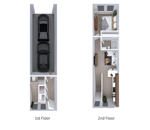 Tandem 1 Bed layout with a bath on the second floor.