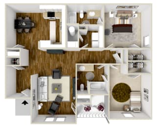 2 Bed, 2 Bath Floorplan | 1,112-to1,156 Sq. Ft. at The Vineyard at Castlewoods Apartment Homes in Mississippi 39047