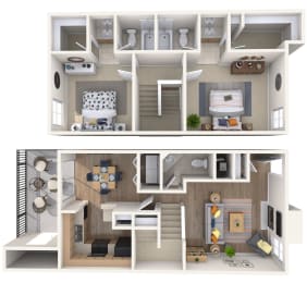 a stylized 3d floor plan of a house with two different views