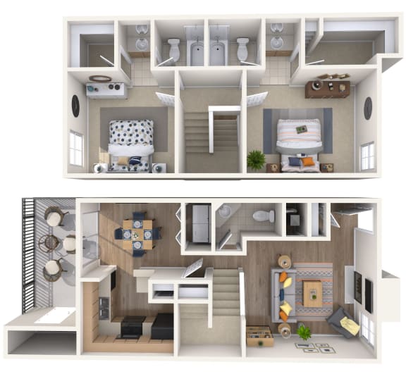 a stylized 3d floor plan of a house with two different views