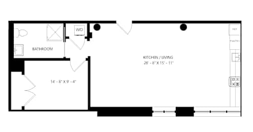 A floor plan of a junior one bedroom apartment with a bathroom.