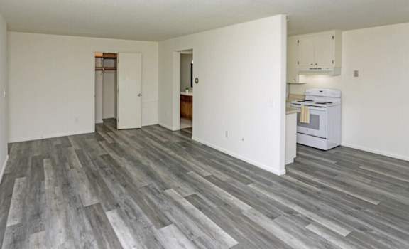 the living room and kitchen of an apartment with wood flooring