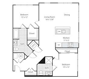 A black and white diagram of a house layout with a living room, dining room, two bedrooms, two bathrooms, a kitchen, and a closet.