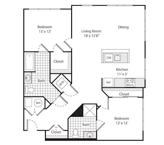 A black and white diagram of a house layout with a living room, dining room, two bedrooms, two bathrooms, a kitchen, and a closet.