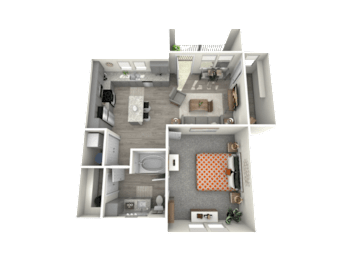 A 3D rendered image of a house layout.