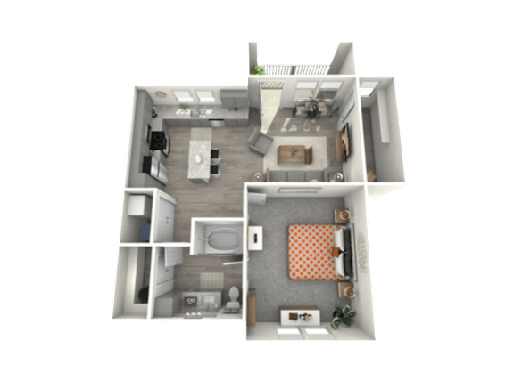 A 3D rendered image of a house layout.
