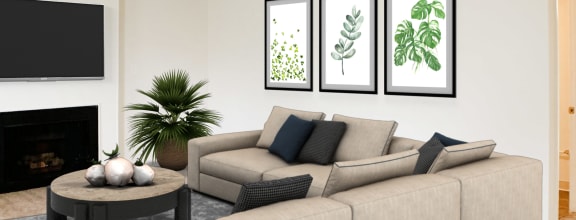 a living room with a couch and a table  at Revere Village Apartments, Ohio