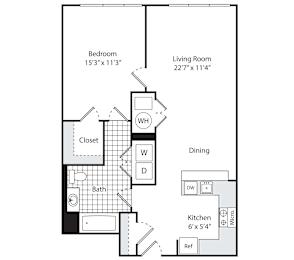 A floor plan for a property called The Lexington, showing a bedroom, living room, dining area, bathroom, kitchen and closet.