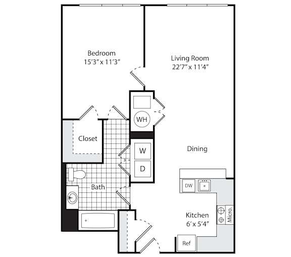 A floor plan for a property called The Lexington, showing a bedroom, living room, dining area, bathroom, kitchen and closet.
