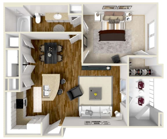 a stylized floor plan with a bedroom and living room