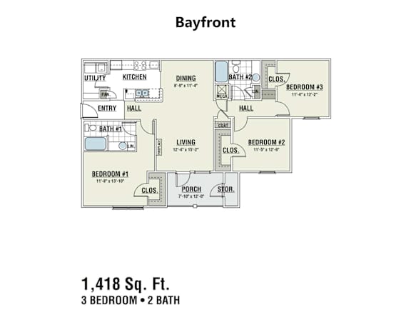 A floor plan for a 1,418 square foot home with three bedrooms and two bathrooms.
