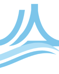 A blue graphic of three stylized waves.