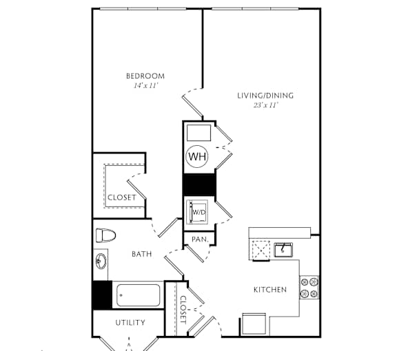 A floor plan for an apartment at the Mulberry shows a bedroom, living room, kitchen, and bathroom.