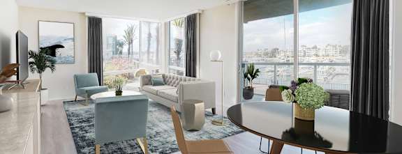 A modern living room with a view of the city.